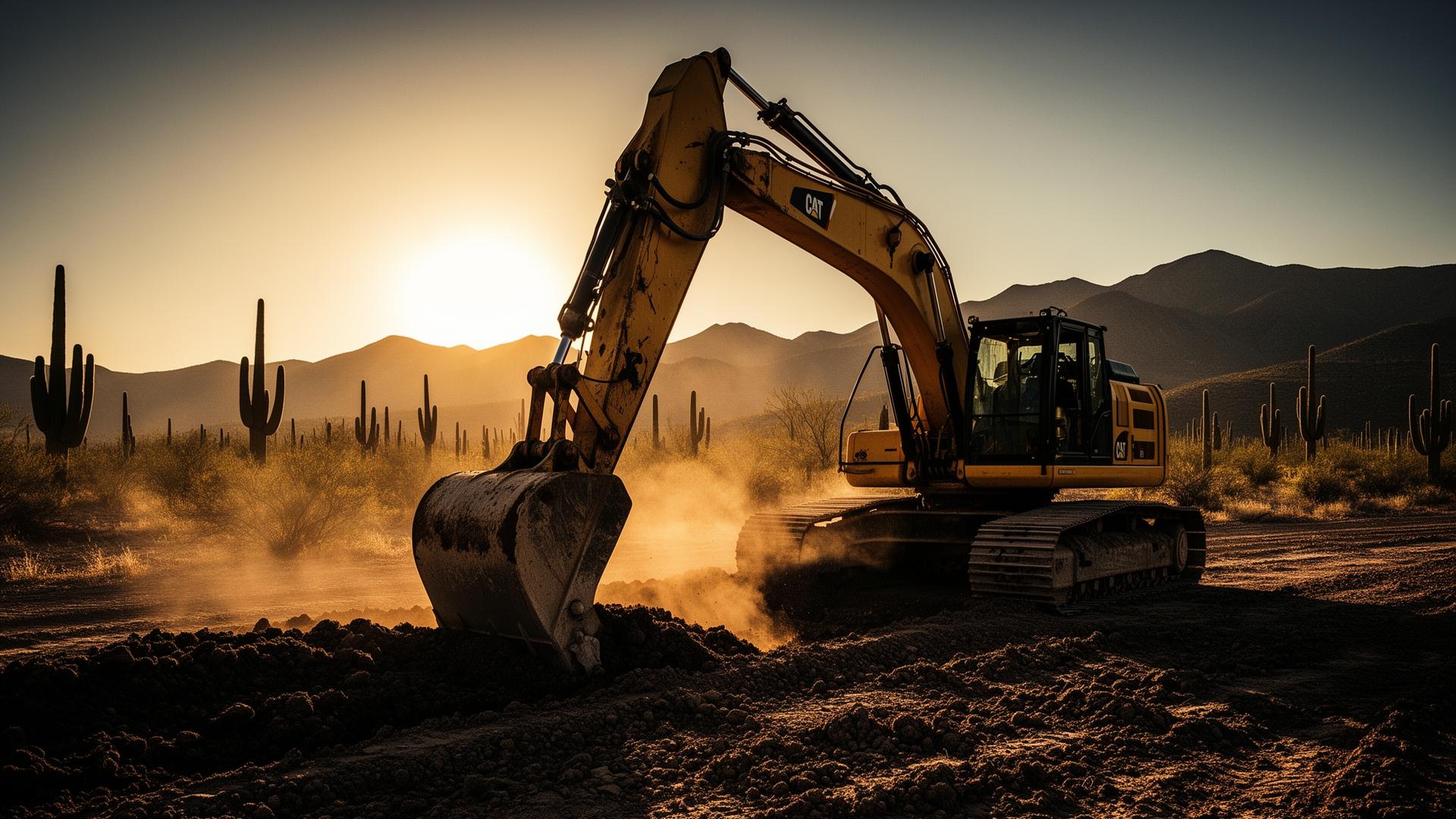 Excavator working at sunset in the Arizona desert